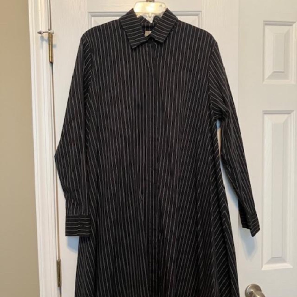 Comfy USA A-Line Pinstriped Shirt Dress (Black and White) Size XL